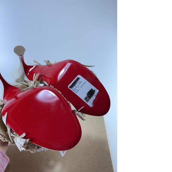 Meroine 85mm raffia Tan Woven fringe heels mules D985 - Picture 8 of 11